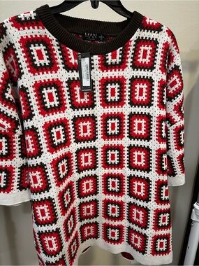 BoohooMAN Short-Sleeve Geometric Knit Sweater in Red, Black & White NWT